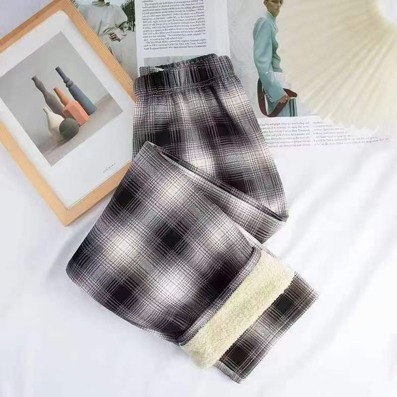 Winter Christmas Leopard-Print Shearling Plaid Pants