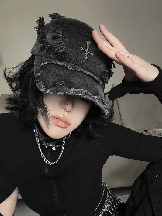 Washed Destroyed Leather Patchwork Denim Cross Baseball Cap
