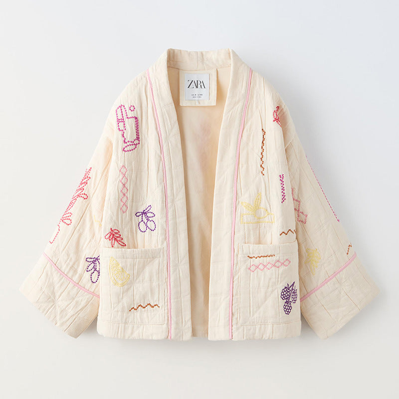 Afslappet All-match V-hals Frugtbroderi Kimono Jakke
