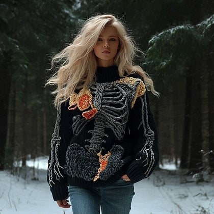 Womens Halloween Top Crew-neck Sweater With Faux Fur Details