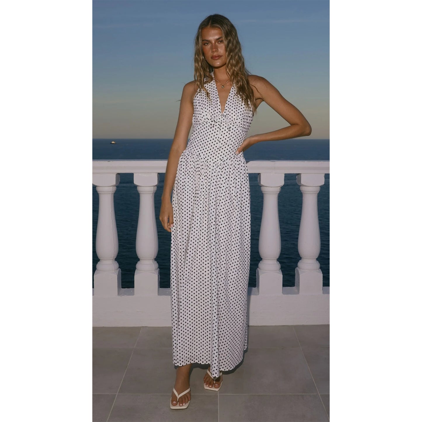 Polka-dot Halter Deep-V Dress Women's