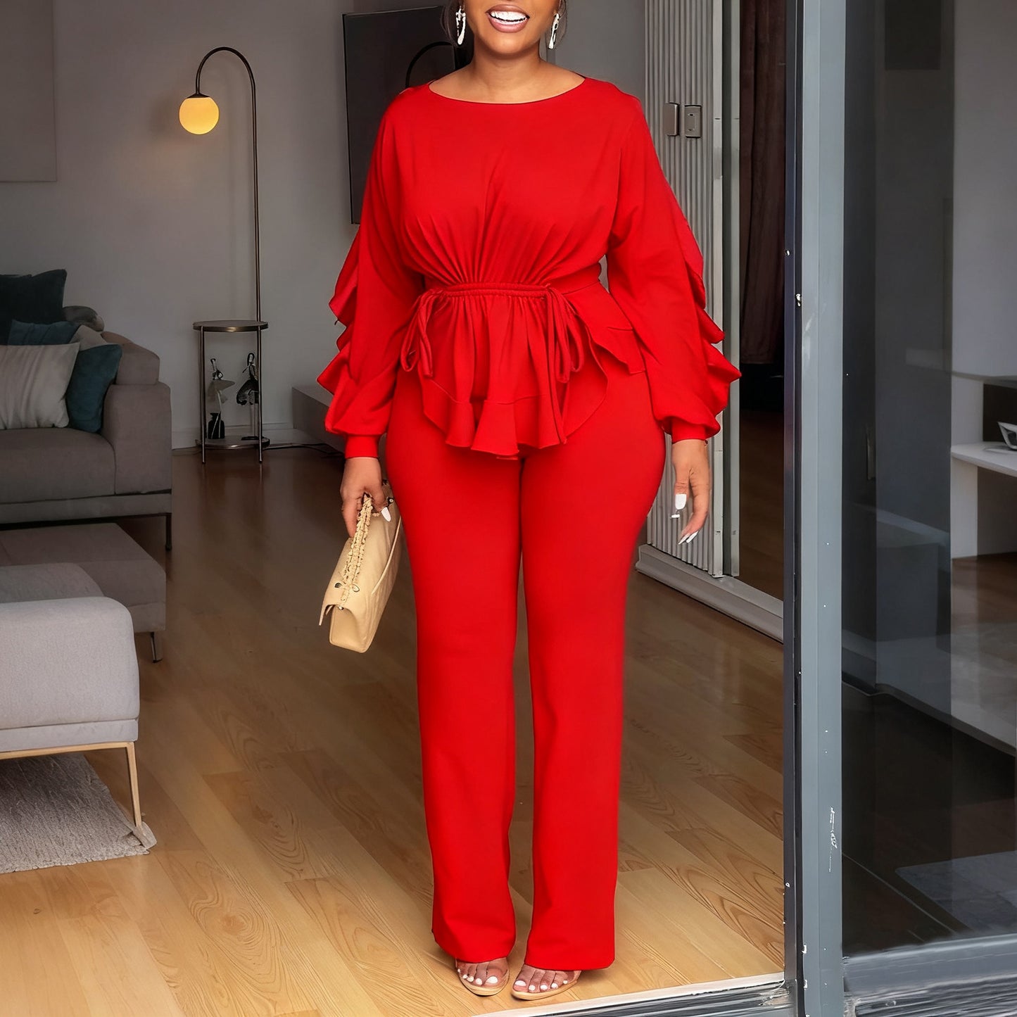 Ruffled Drawstring Long Sleeve Waist-controlled Top Pants