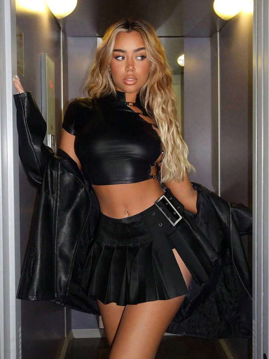 Solid Color A- Line Pleated Leather Sexy Skirt