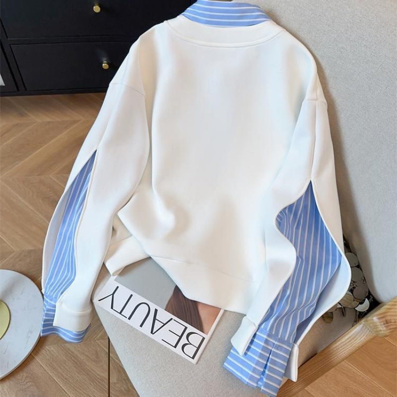 Women's Faux Two-Piece Striped Patchwork Collar Shirt-Hoodie Top