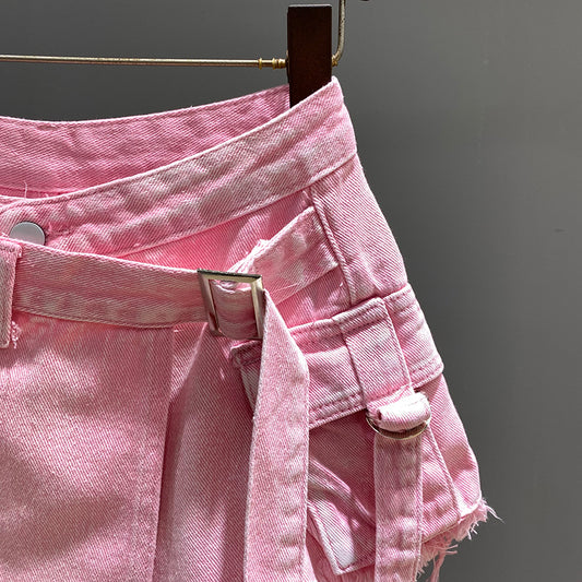 Irregular Denim Culottes Women's High Waist Fake Two Pieces
