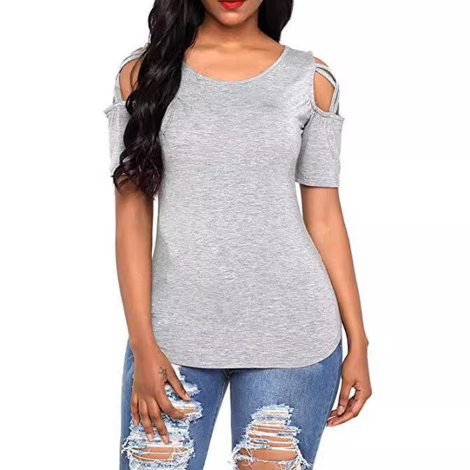 New Solid Color Short Sleeve Ripped Shoulder Lace-up