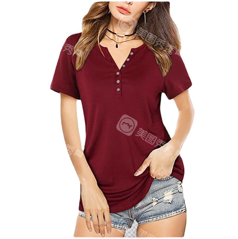 Women's Short Sleeve V-Neck Button Loose Casual Tunic Versatile T-Shirt