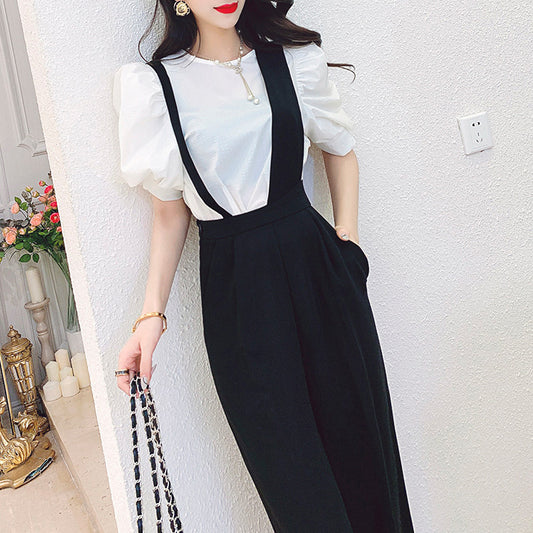 Women's New Simple Short Sleeve Top Straight Bib Two Piece Set