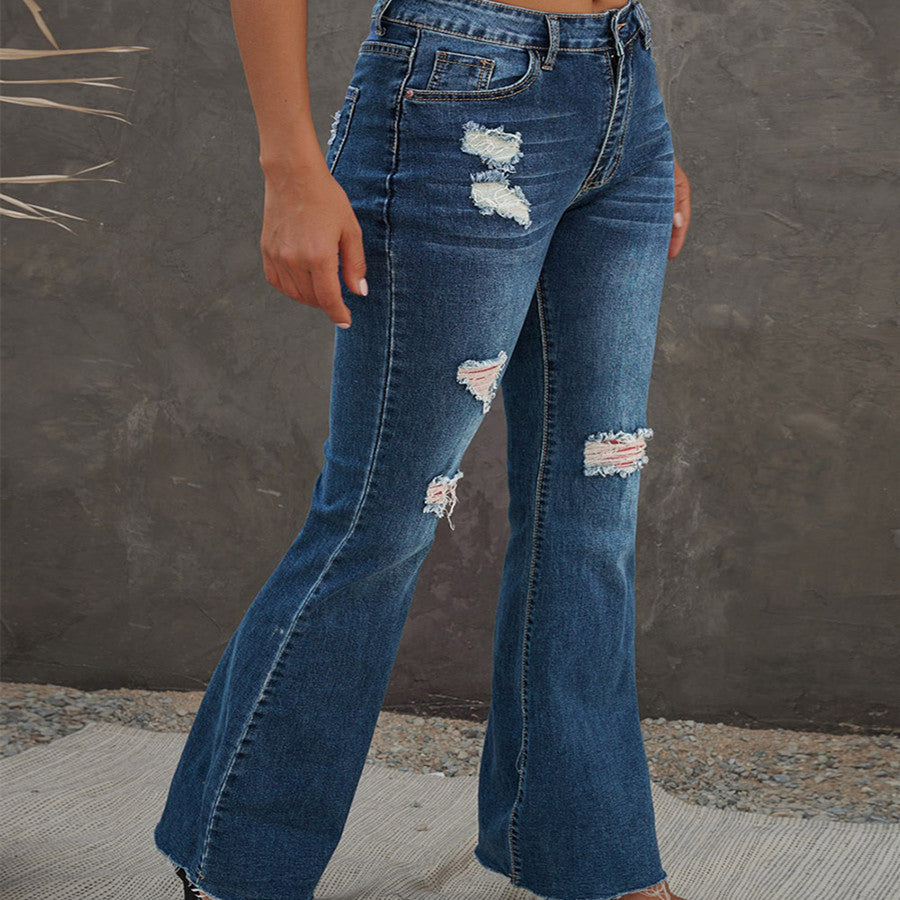 Dame Højtaljede Slim Jeans Vaskede Og Frayed Vide Ben Bukser