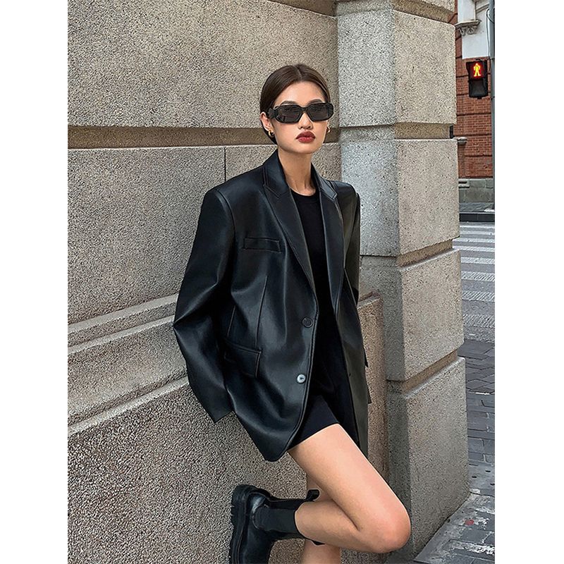 Women's Black Pu Suit Leather Coat