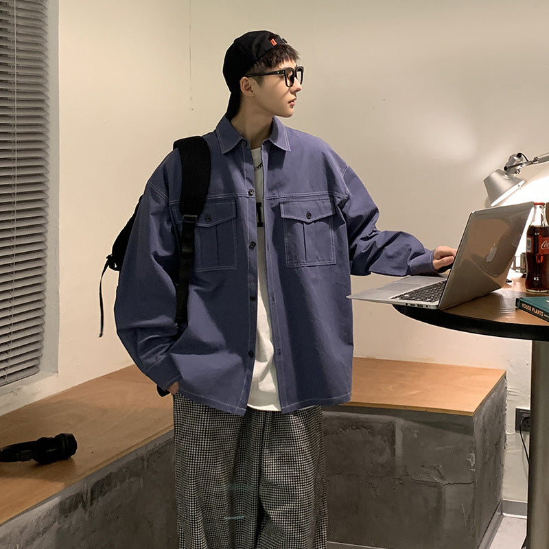 Men's Bright Line Tooling Jacket Japanese Solid Color Shirt Coat