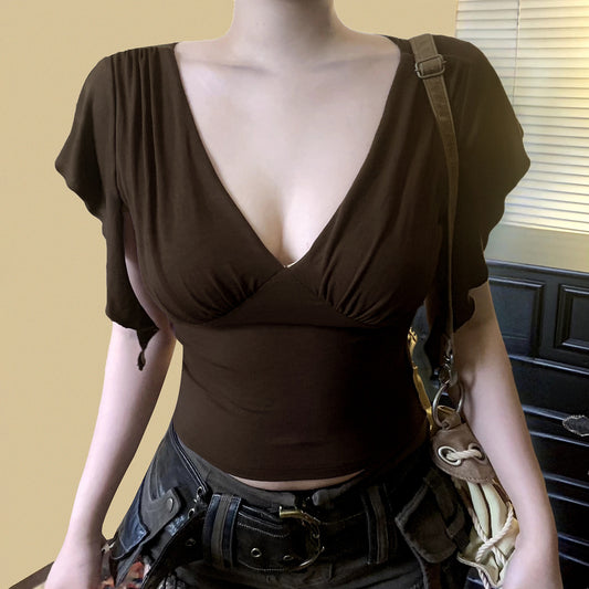Womens Retro V-Neck Solid-Color Slimming Top