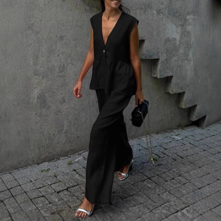 Womens Cotton V-Neck Sleeveless Vest And Wide-Leg Pants Set