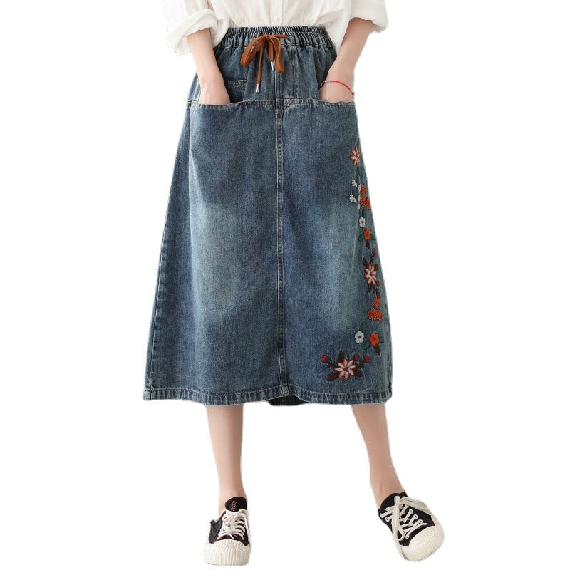 Vintage Embroidered Hole Denim Skirt Spring And Autumn New Style