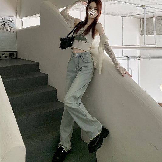Light-colored Straight Pants With Slim Waist