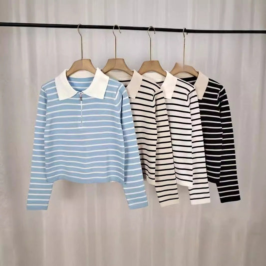 Forårsstrikket løstsiddende stribet langærmet sweater til kvinder med kontrastfarvet krave