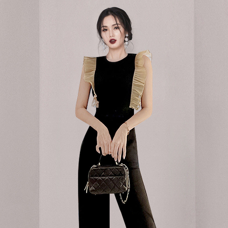 Women's High Waist Slim Wood Ear Stitching Wide Leg Pants