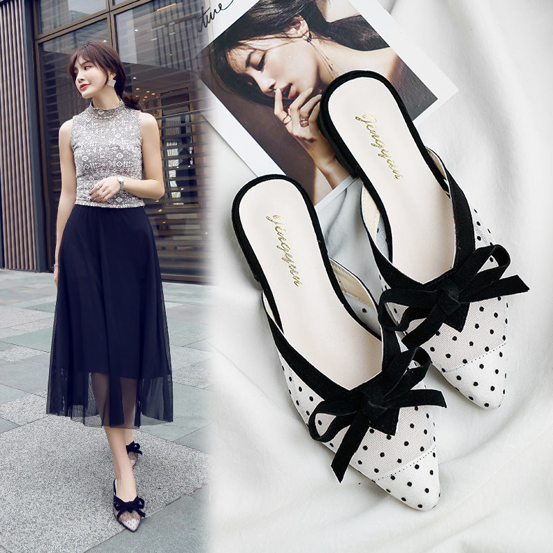 Lace Fashion Pointed Toe Baotou Low Heels Outer Wear Sandals Female Half Slippers