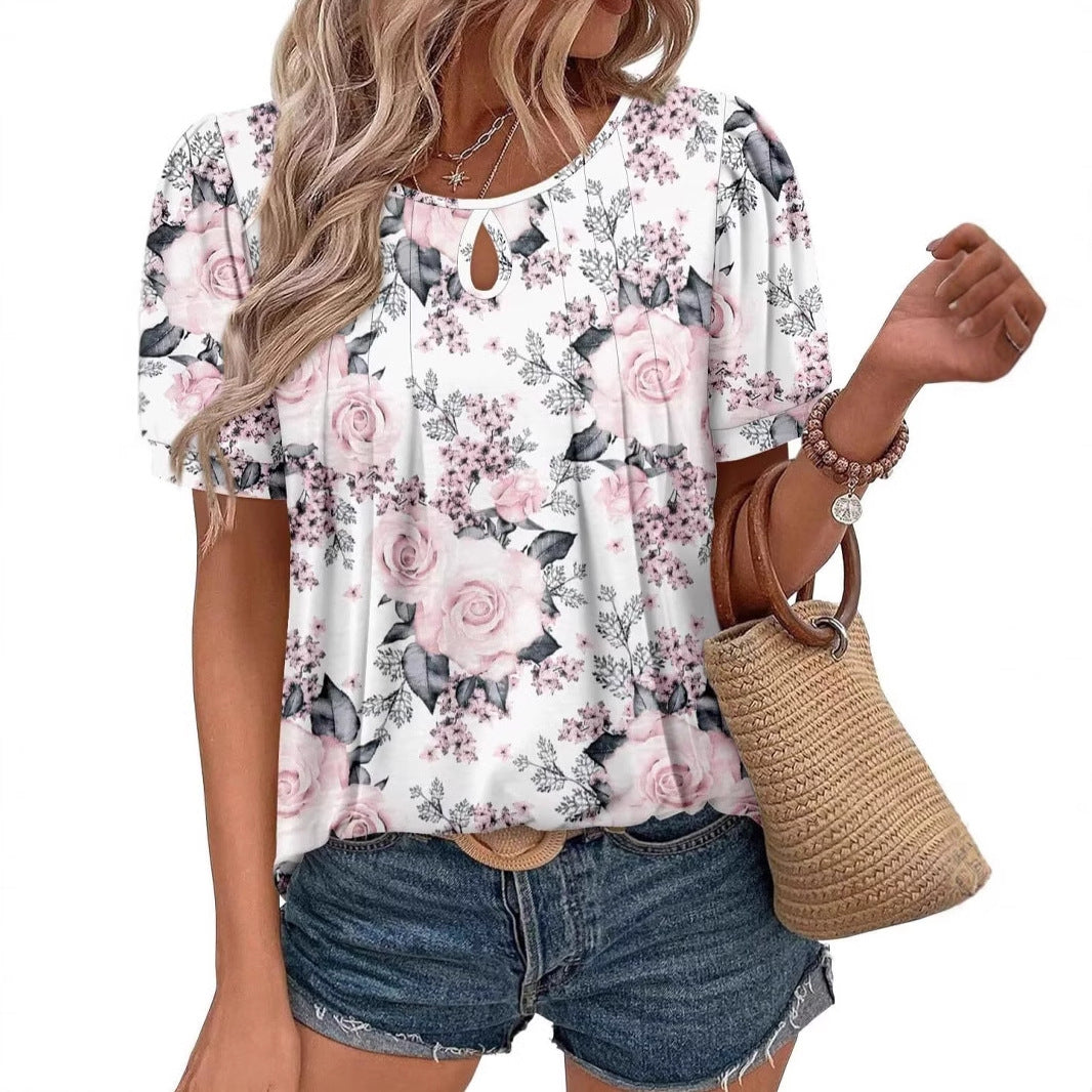 Rundhalset T-shirt til kvinder med blomsterprint