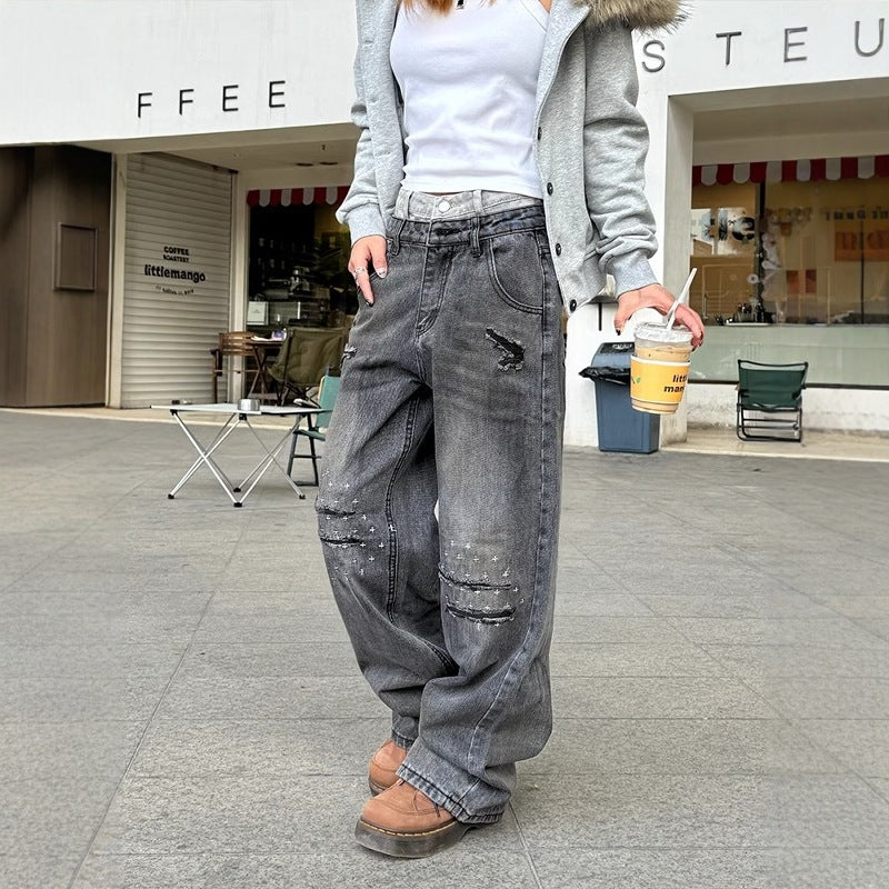 American Stitching Double Waist High Street Gamle Ripped Dirty Jeans All-match