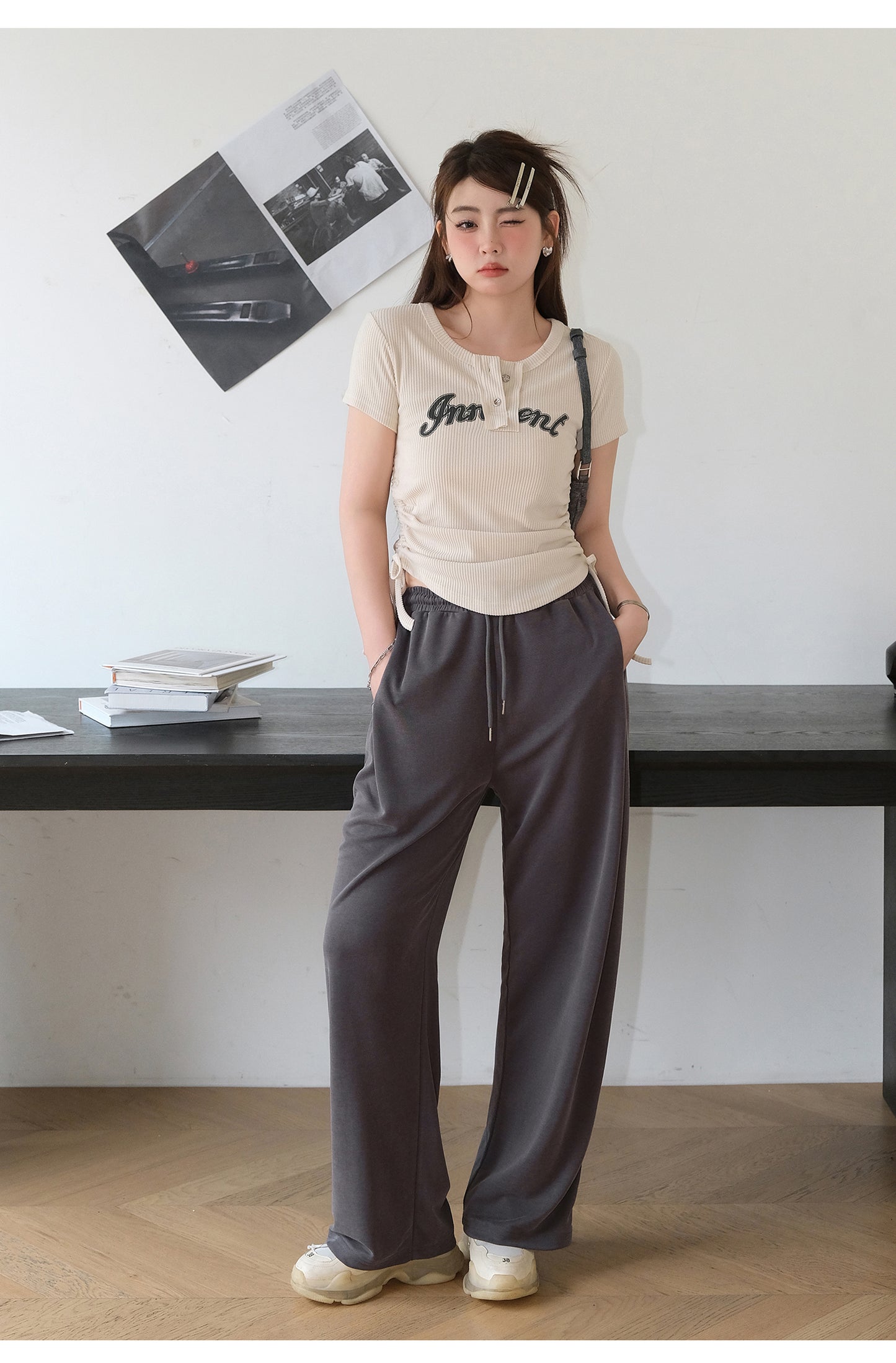 Women's Short-sleeved T-shirt With Loose Shoulder Width Slimming Drawstring Printed