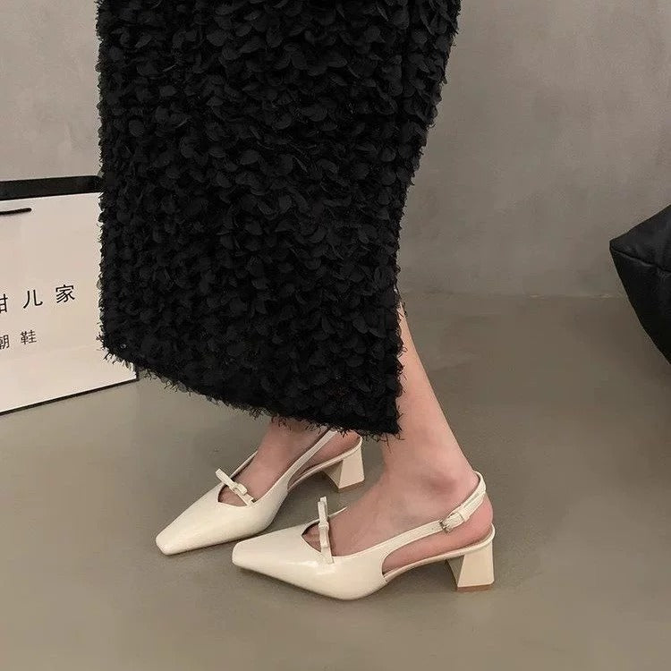 Women's Silver French Style Block Heel Sandals, 2025 New Arrival, Elegant Closed Toe Summer Shoes, Unique Designer Heels For Women
