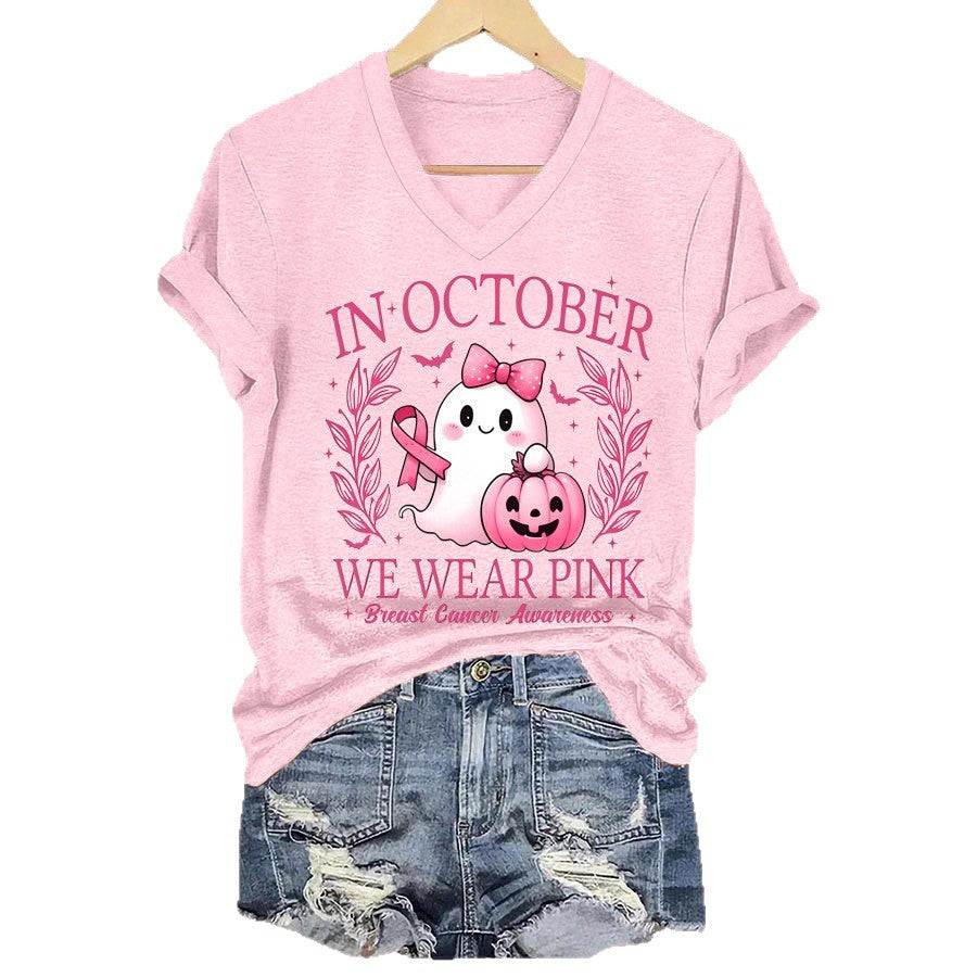 Women's Fashion Printed Casual Colored Cotton V-neck Short Sleeve