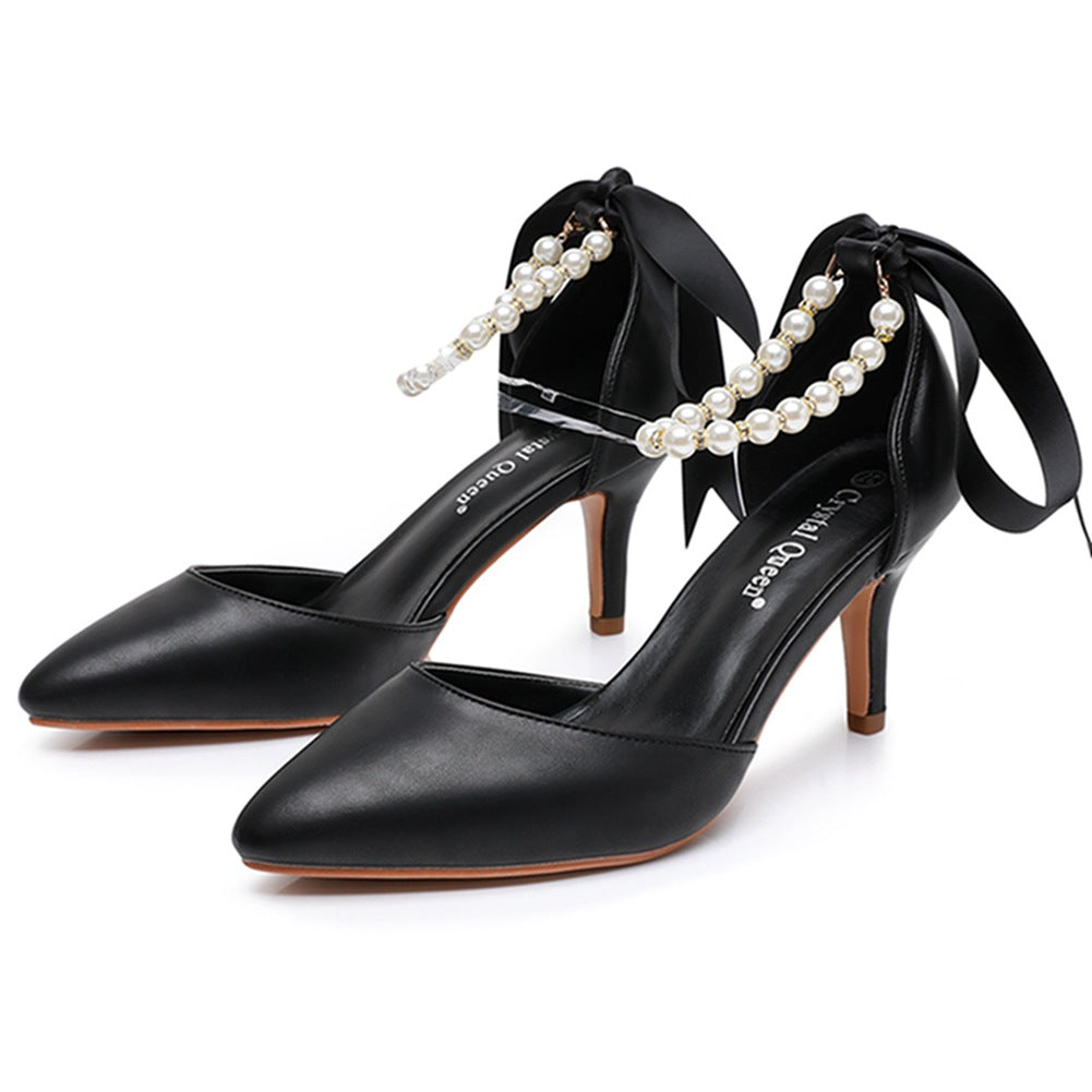 Mid Heel Rhinestone  7cm    Beaded Ribbon Sandals Matte Soft PU Leather Dress Shoes For Women