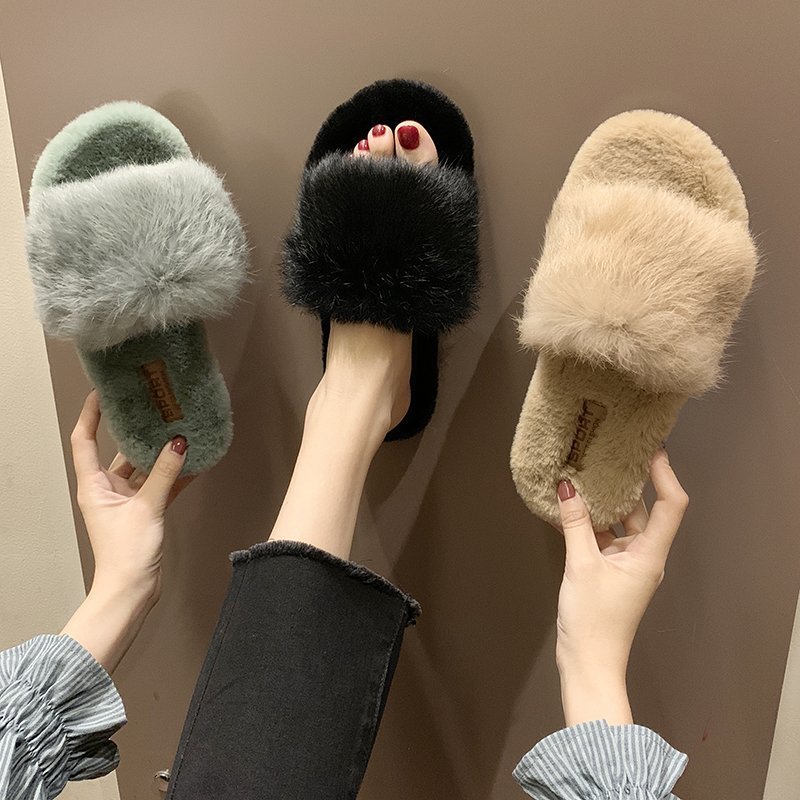 Rabbit Hair Flat Slippers For Women's New Style