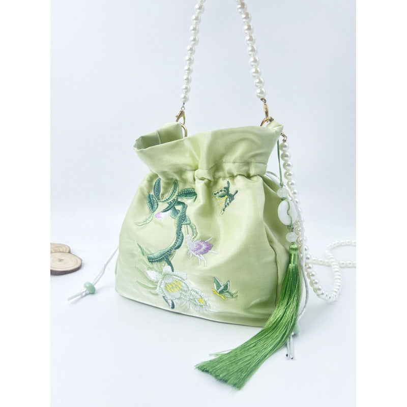 Women's Creative Printing Suzhou Embroidery Pearl Chain Handbag