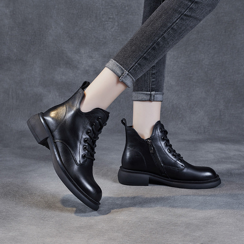 Women's V-mouth Lace-up Flat Leather Short Martin Boots
