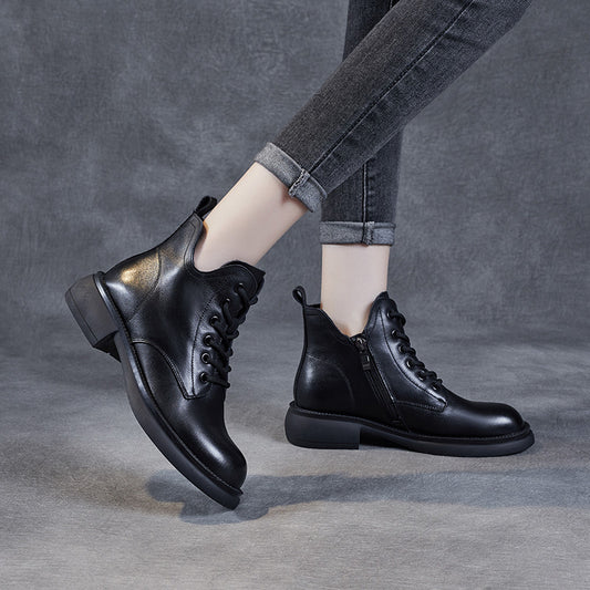 Women's V-mouth Lace-up Flat Leather Short Martin Boots