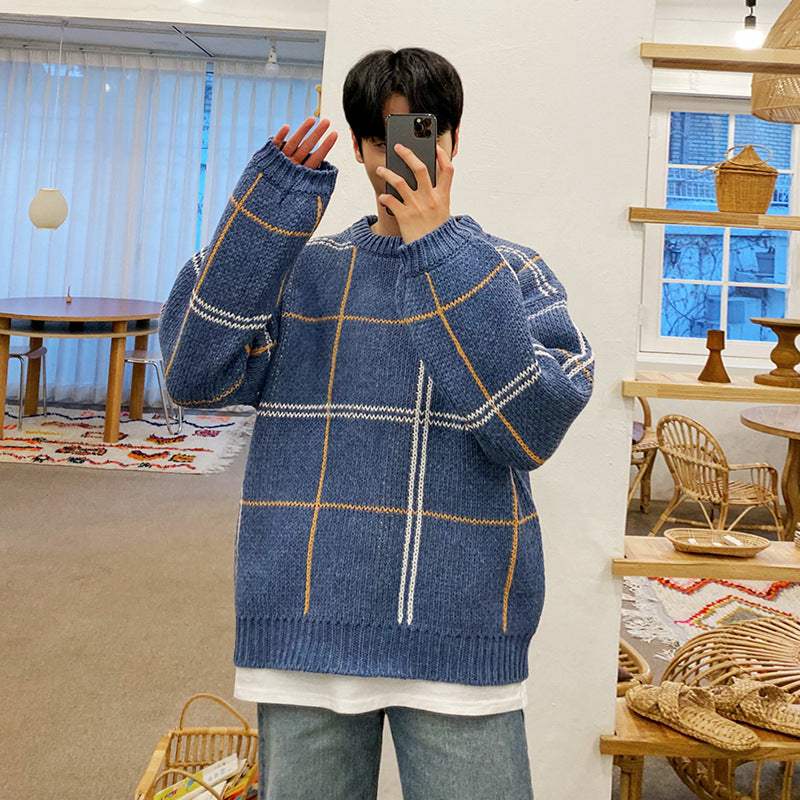 Men's Loose Blue Thickened Round Neck Knitted Bottoming Shirt