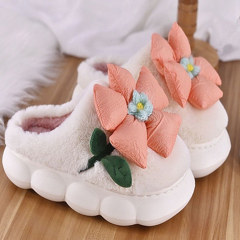 Flower Cotton Slippers With Plush Insulation And Thick Bottom Plush