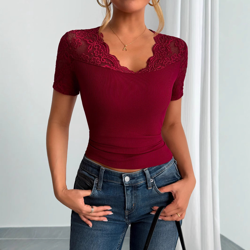 Neckline Cuff Stitching Lace Clothes Spring Women