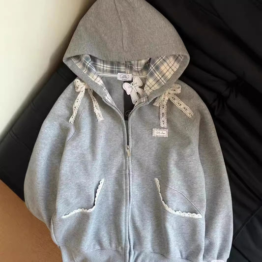 Women's Fashion Lace Bow Zipper Jacket