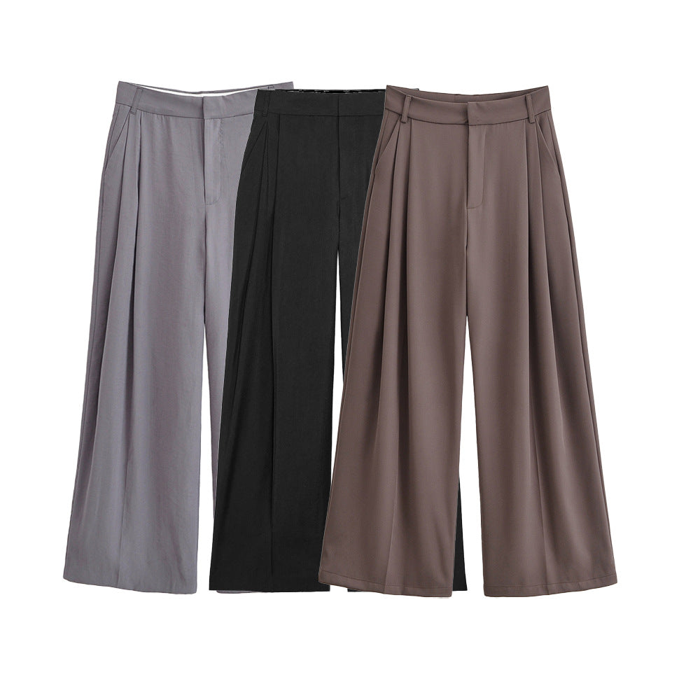Fashionable Temperamental All-match Daily Flip Double Pleated Wide Leg Pants