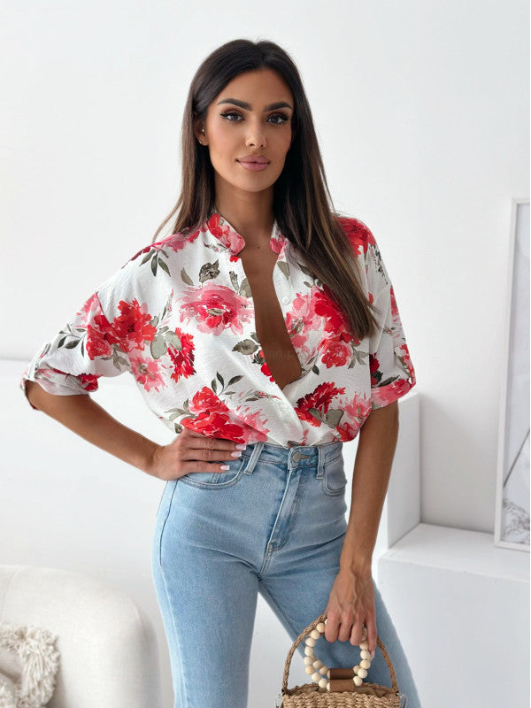 Loose Casual Print Shirt Half Collar Top