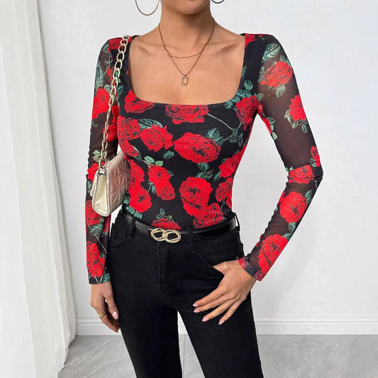 Romantic Rose Flower Mesh Printed Sexy U-neck T-shirt