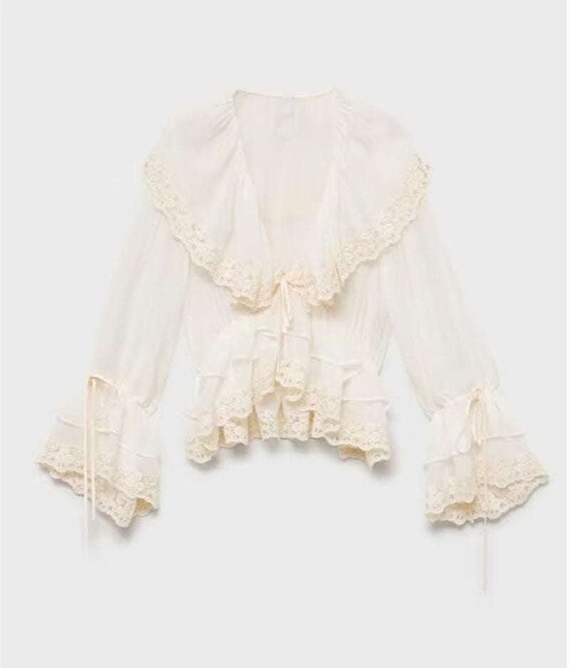 Sweet Beauty Summer Ruffles Lace Stitching Large Lapel Short Waist