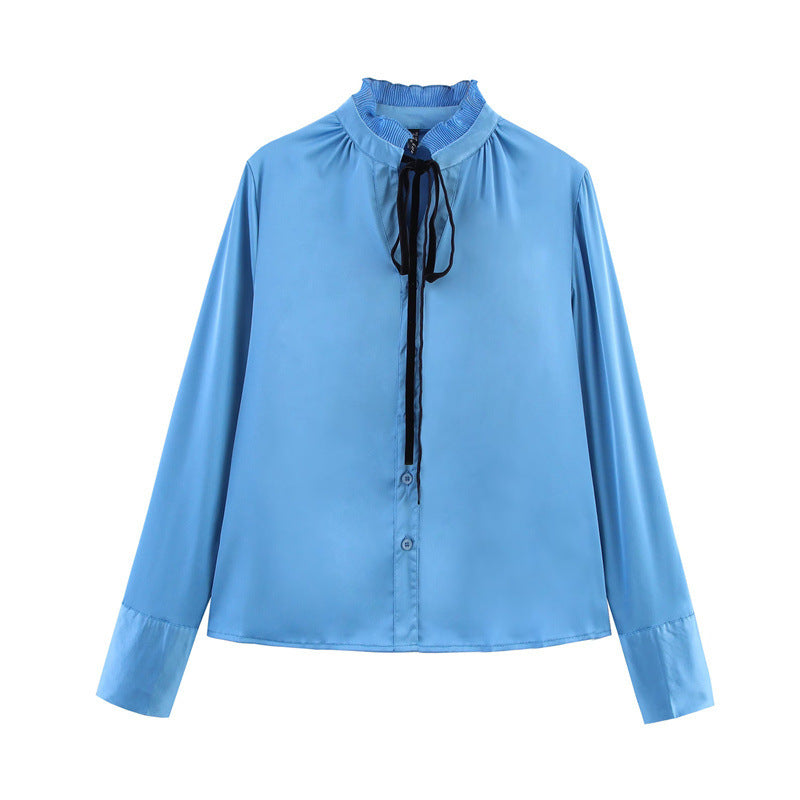 Satin Chiffon Flounce Trim Lace Up Long Sleeve Shirt