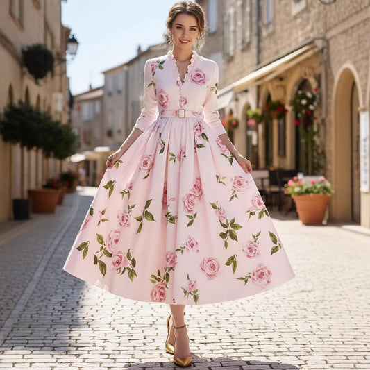 Fashionable Printed V-Neck Defined-Waist Long-Sleeve A-Line Womens Dress