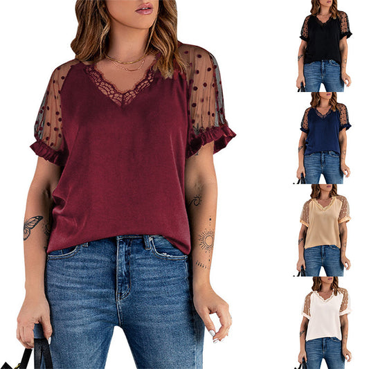 Summer New Lace Short-sleeved Solid Color Top European And American Ladies Slim V-neck Pullover T-shirt