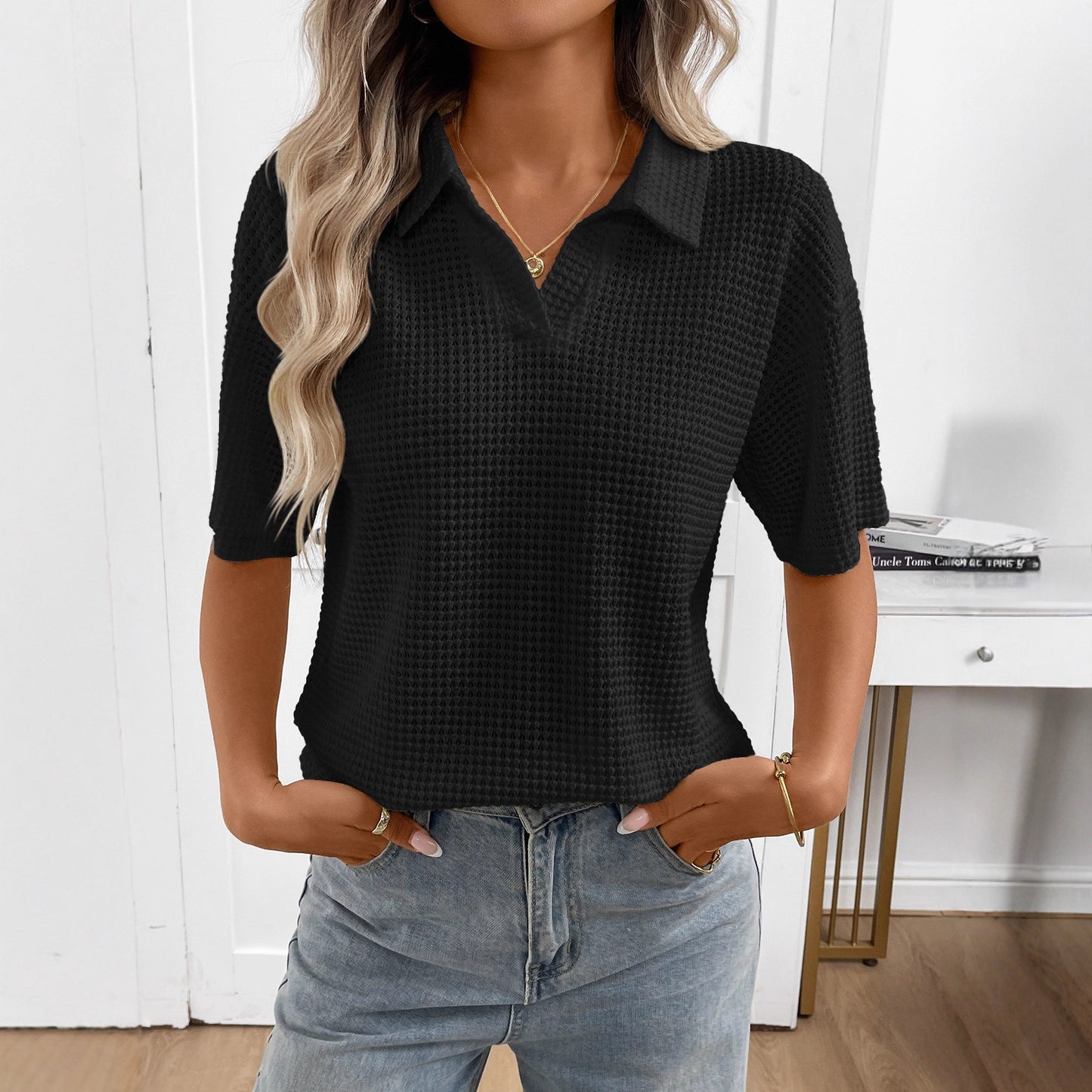 Women's Solid-Colored Knitted Pullover T-Shirt With Lapel Collar Loose-Fit Short Sleeves