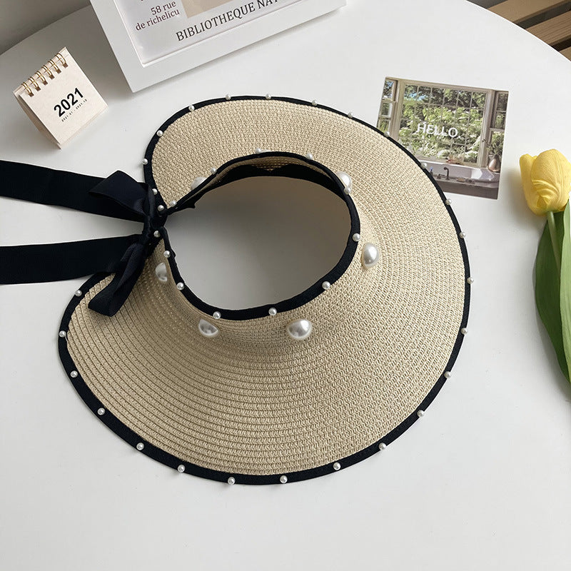 Straw Sun Protection Simple Empty Top Pearl Topless Sun Hat
