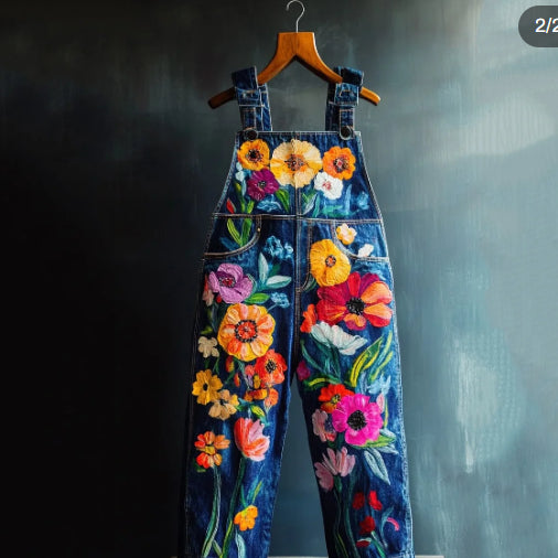 Art Oil Painting Plant Floral Print Jeans Jumpsuit
