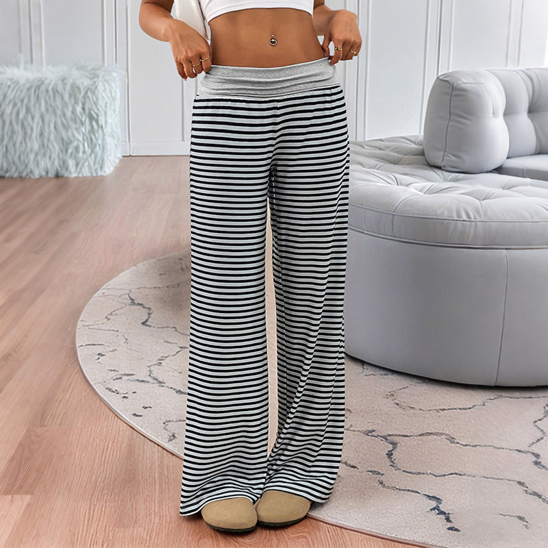 New Chic Low-rise Casual Homewear Color-block Striped Wide-leg Pants