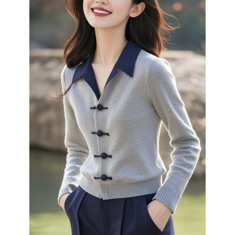 Womens Minimalist Elegant New Chinese-Style Knot-Button Knitted Top