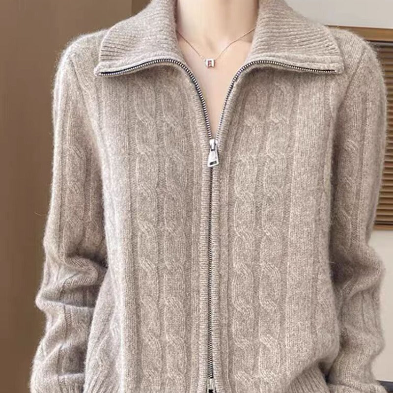 Womens Twist-Open Cardigan With Double Zippers And Lapel Collar