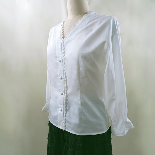 Rose Fiber Comes With Flower Fragrance High-end Design V-neck Lace White Shirt